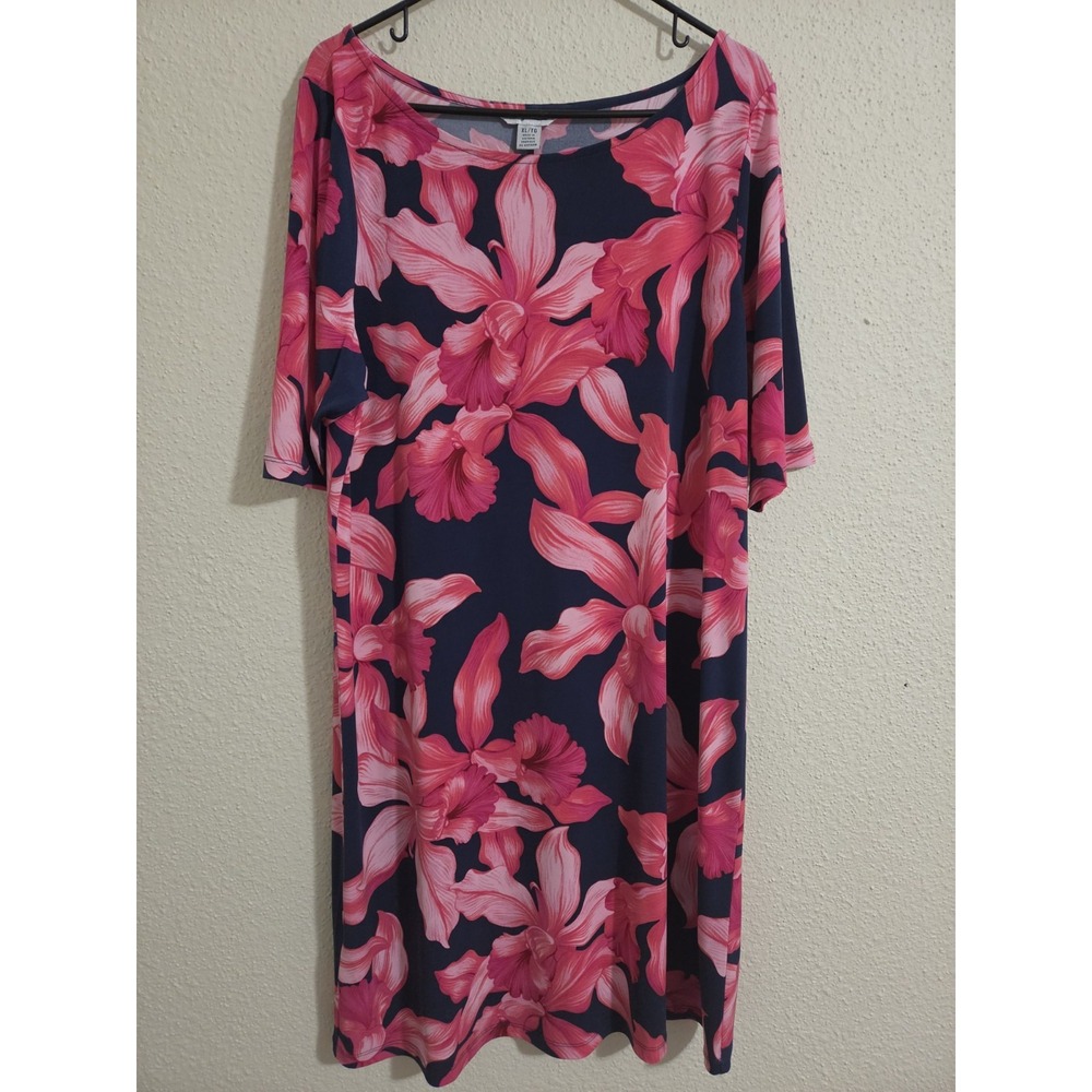 Tommy Bahama Dress XL Womens Navy Pink Floral Orchid Stretch Shift Knee Length - Picture 2 of 5